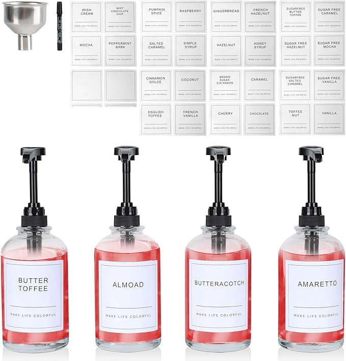 Syrup Dispenser for Coffee Bar 16.9oz Coffee Syrup Dispenser with Labels Coffee Bar Accessories 500ML Coffee Syrup Bottles 4pc black with white lables