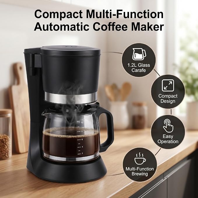 Asixxsix AutomaticCoffeeMaker, 1.2L Glass Carafe Coffee Machine, Removable Glass Coffee Pot, Compact Design, Kitchen Essentials & Accessories - Image 8