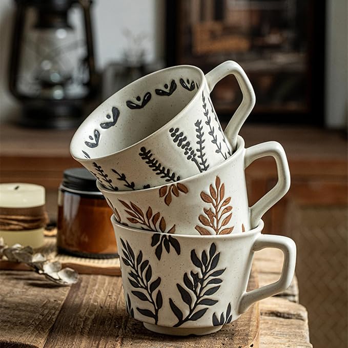 12 oz Vintage Ceramic Coffee Mug Set of 4 - Handmade Stoneware Pottery Countryside Farmhouse Fall Autumn Tea Mugs with Big Handle for Latte,Cocoa,Dishwasher & Microwave Safe Cups (Plants) - Image 8