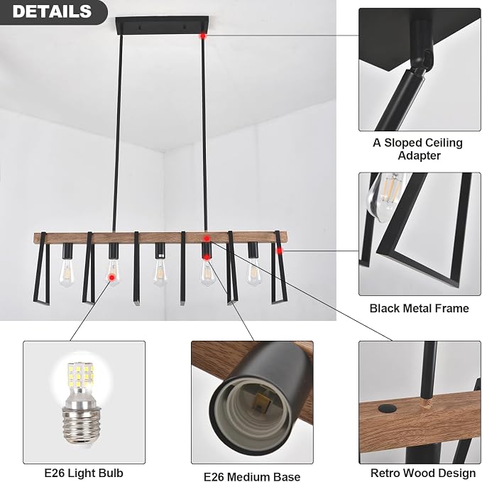 Rustic Wood Chandeliers Farmhouse 5 Light Dining Room Light Fixtures Mid Century Modern Black Linear Chandelier Industrial Kitchen Island Rectangle Pendant Light - Image 3