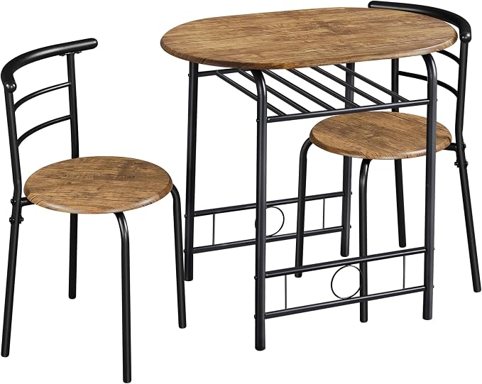 Yaheetech 3-Piece Dining Table Set, Breakfast Bistro Table Set for 2, Small Kitchen and Table Chairs Set of 2 with Metal Frame and Storage Rack for Small Space/Apartment/Dorm Room, Brown by Unknown