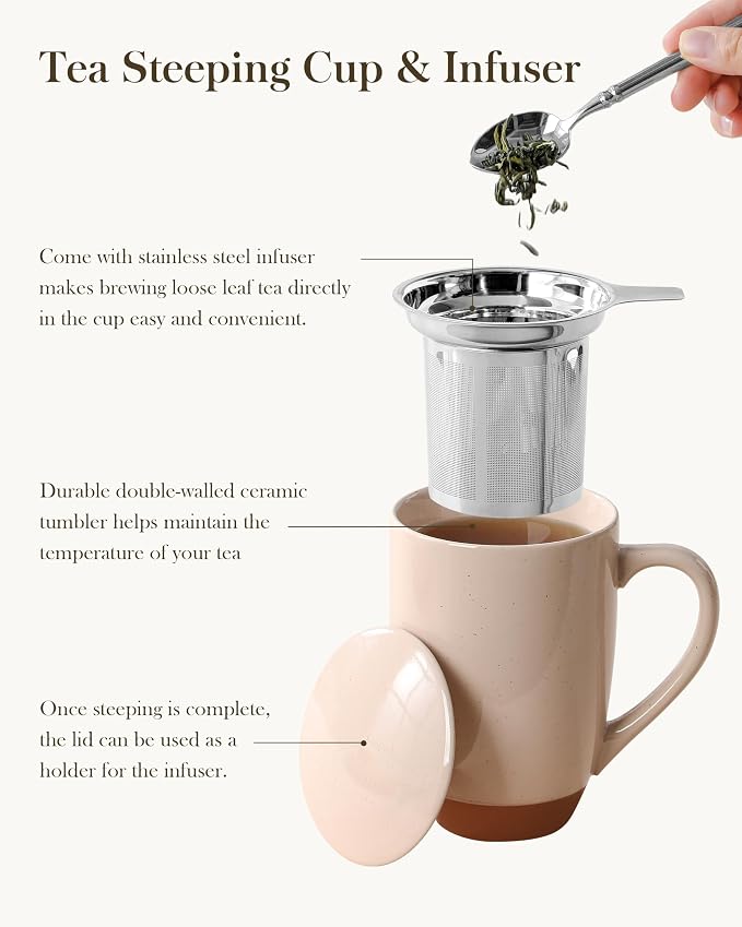 MALACASA Ceramic Tea Mug with Lid and Stainless Steel Infuser, 18 oz Large Tea Cup for Loose Leaf Tea, Heat-Resistant, Microwave & Dishwasher Safe, Speckled Glaze Coffee & Tea Brewer Mug, Khaki Pink - Image 5