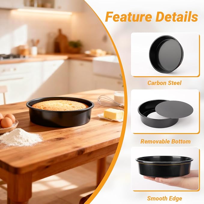 Beasea Round Cake Pans, 3 Pack 10 Inch Nonstick Carbon Steel Round Cake Pan with Removable Bottom, Baking Mold Tin for Cheesecake - Image 3