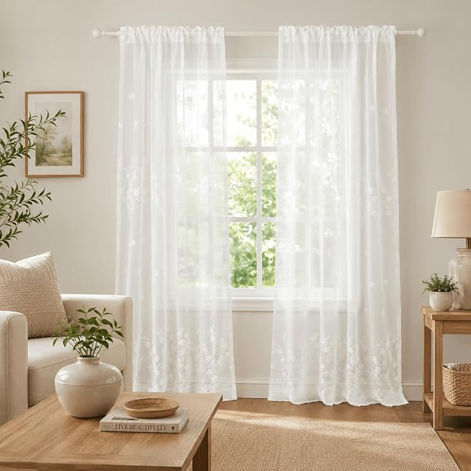Semi-Sheer Elegant Embroidered Solid White Rod Pocket Window Curtains/Drape/Panels/Treatment 54 x 84,Two Panels - Image 2