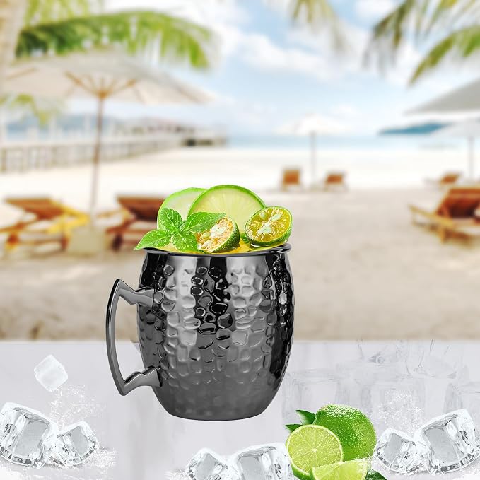 Amrules Moscow Mule Mugs, 16 OZ Black Hammered Mule Cup with 304 Stainless Steel Lining and Brass Handle, for Cold Drinks, Beer, Wine, Bars, Parties - Image 2