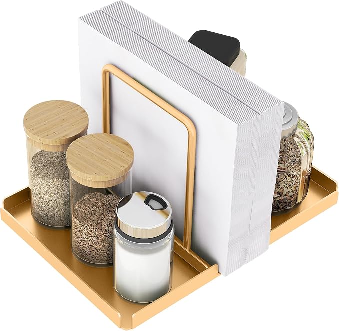 Gold Napkin Holder for Table with Salt and Pepper Shakers Caddy | Metal Napkin Holder, Standing Paper Napkin Storage for Kitchen Dining Table Decor by Audmore