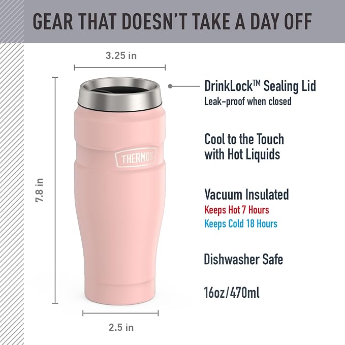 THERMOS Stainless King Vacuum-Insulated Stainless Steel Tumbler - 16oz, Matte Pink - Insulated Coffee Tumbler for Hot & Cold Drinks - Leak-Proof & Sweat-Proof for Commuting & Traveling - Image 2