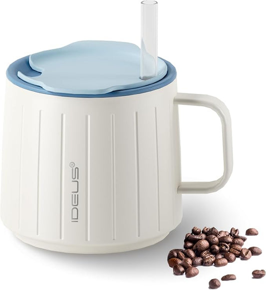 Ideus 14 oz Insulated Coffee Mug with Handle and Lid, Double Wall Stainless Steel Vacuum Thermal Coffee Mug, Travel Coffee Cup for Home and Office, White by IDEUS