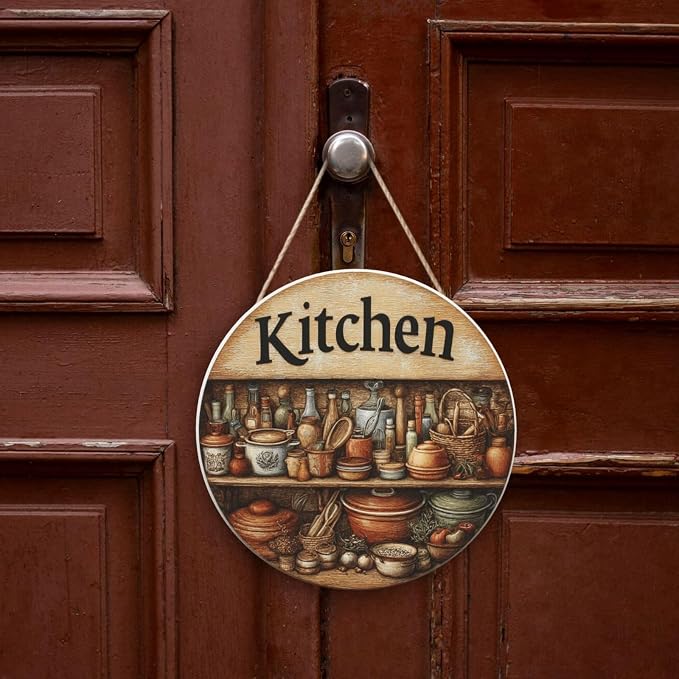 Rustic Kitchen Pantry Wooden Plaque, 12inch Round Wall Decor With Tiered Shelves, Copper, Jars & Utensils, Kitchen Door Hanging Art, Home Decoration Artworks Create An Atmosphere - Image 7