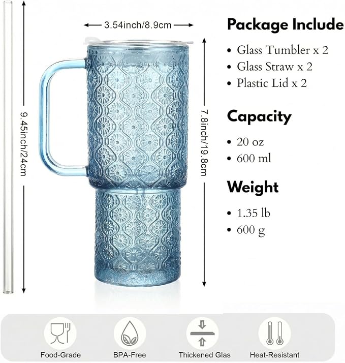 20 oz Blue Glass Tumbler with Lid and Straw, Glass Iced Coffee Cups, Spill-proof Glasses Tumbler with Handle, Hobnail Glasses Drinking Set of 2, Vintage Glassware for Cocktail, Smoothies - Image 7