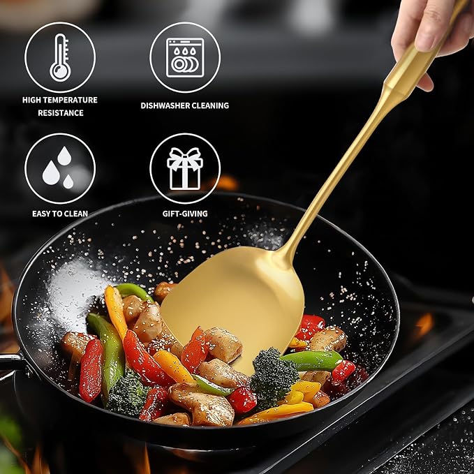304 Stainless Steel Kitchen Cooking Utensils Set - 9 PCS Serving Utensils, Include Skimmer, Soup Ladle, Spaghetti Server, Wok Spatula, Slotted & Solid Spoon, Slotted Spatula Turner, Meat Fork (Gold） - Image 5