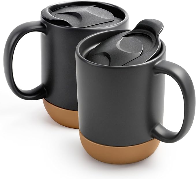 DOWAN Coffee Mugs, 15 oz Upgraded Coffee Mug with Silicone Bottom, Large Ceramic Coffee Mug set of 2 with Spill Proof Lid for Mom Dad, Big Mug for Latte Tea, Matte Grey by DOWAN