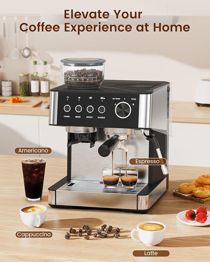 Espresso Machine with Grinder, Professional Expresso Coffee Machines,Coffee Maker with Tamping Tools and Steam Wand, 30 Grind Settings, Removable Water Tank for Cappuccino/Latte-Stainless steel&Black - Image 6