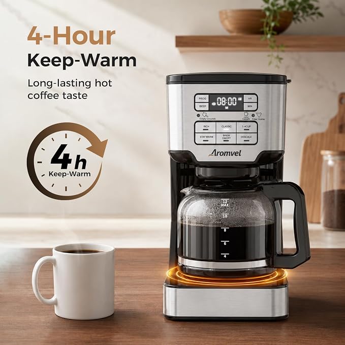 12-Cup Programmable Drip Coffee Maker - Glass Carafe | 3 Brew Strengths (1-4 Cup/Classic/Rich), 24-Hour Timer & 4-Hour Warming Plate for Home Office - Image 3