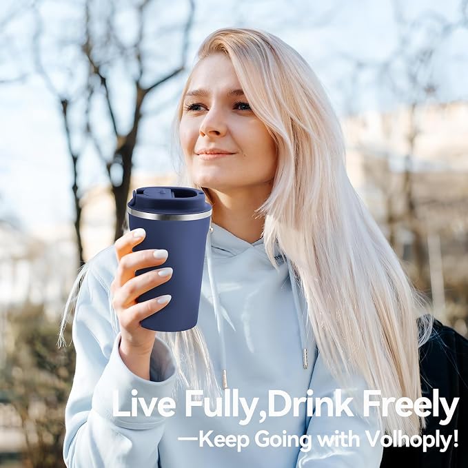 Volhoply 12 oz Double Wall Insulated Vacuum Travel Coffee Mugs with Flip Lid Bulk 2 Pack,Reusable Stainless Steel Leak Proof Coffee Cup,Portable Cafe Thermal Tumbler for Hot & Cold Drinks(Navy,2 Set) - Image 7