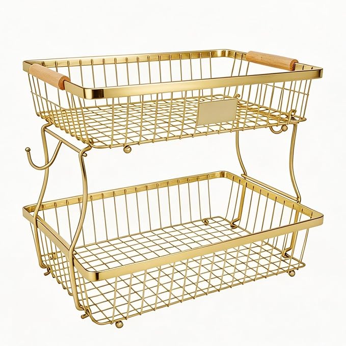 Fruit Basket Bowl 2 Tier Detachable with 2 Banana Hangers, Fruit Stand Holder for Kitchen Countertop, Metal Wire Vegetable Storage Organizer, for Bread Snack Veggies Produce,Gold by Lawhood-Mijin