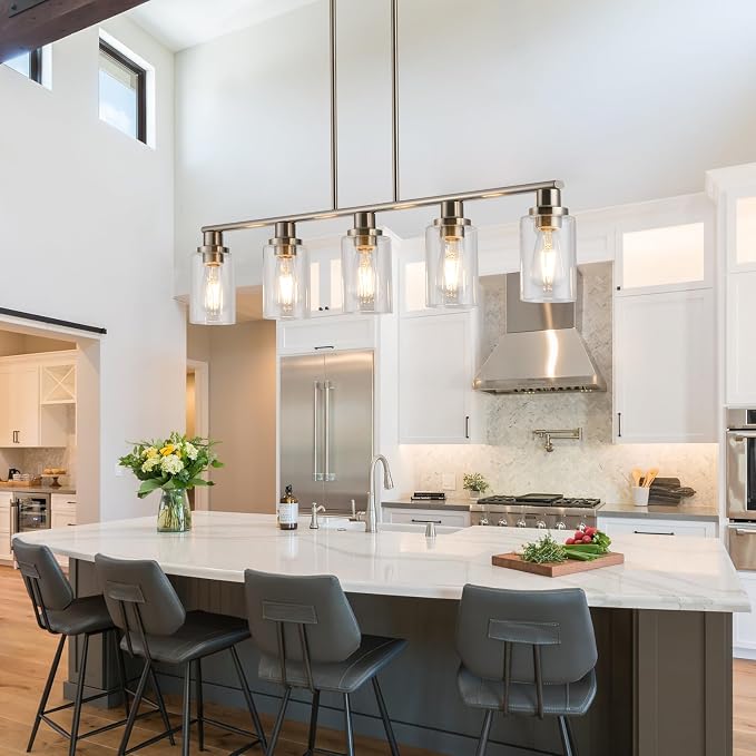Kitchen Island Pendant Lighting, 5-Light Farmhouse Dining Room Light Fixture Over Table, Brushed Nickel Finish with Clear Glass Shade, Rustic Industrial Linear Chandelier for Kitchen Island - Image 3