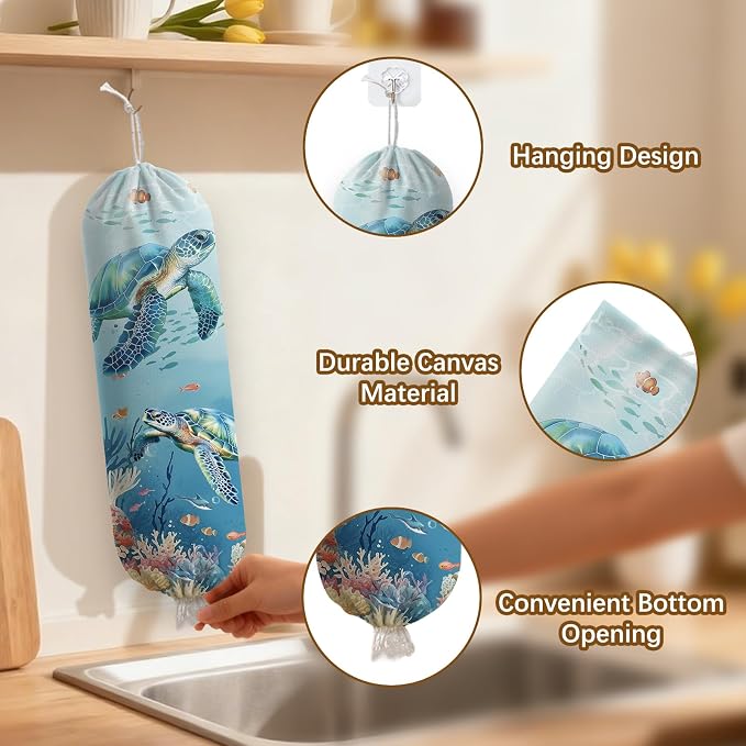 Sea Turtle Plastic Bag Holder Dispenser, Plastic Grocery Bag Organizer & Wall Mount Paper Trash Bags Saver Storage for Kitchen Home Pantry Decor, Turtle Kitchen Decor Shopping Bags Storage Dispenser - Image 3