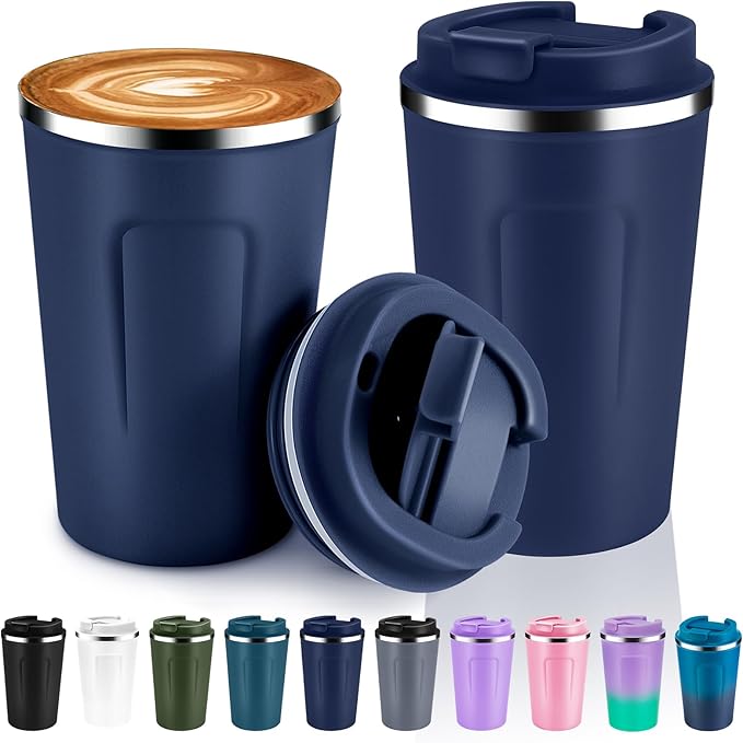 Volhoply 12 oz Double Wall Insulated Vacuum Travel Coffee Mugs with Flip Lid Bulk 2 Pack,Reusable Stainless Steel Leak Proof Coffee Cup,Portable Cafe Thermal Tumbler for Hot & Cold Drinks(Navy,2 Set) by LiveFully%EF%BC%8CDrinkFreely%E2%80%94KeepGoingwithVolhoply%EF%BC%81