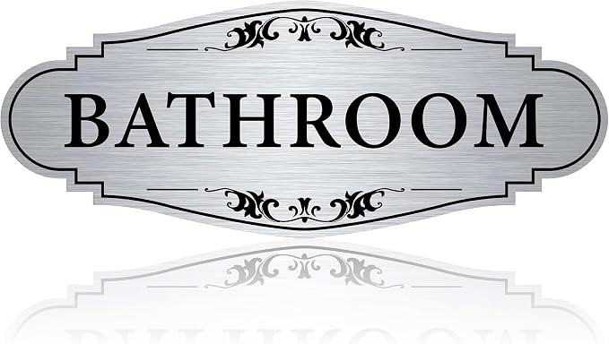 Bathroom Sign Sticker for Business and Home，Self-adhesive Brushed Silver Cute Bathroom Decor for Door，Waterproof Vinyl Restroom Sign for Home，Office，Shop（Silver） by LUHIMO