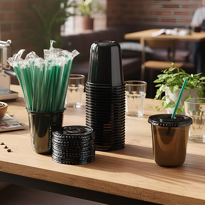 Baderke 25 Set Plastic Cups with Lids and Straws, Disposable Plastic Iced Coffee Cup for Cold Beverage Juice Smoothie Crystal for Coffee Shops Party Catering(Black,14 oz) - Image 2