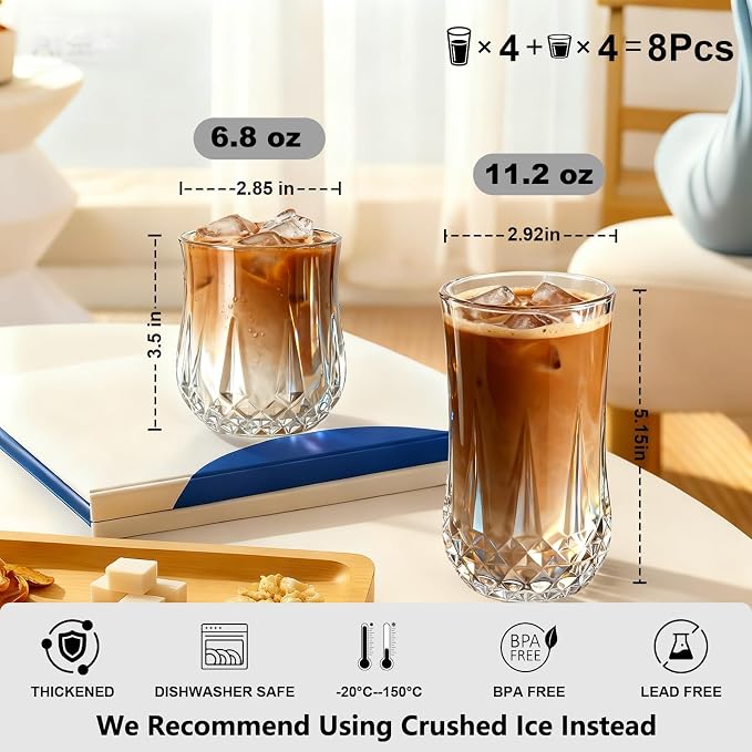 Ruckae Drinking Glasses Set of 8,11 oz and 7 oz Kitchen Water Glass Cups Set,Clear Curvature Glassware Dishwasher Safe,Mixed Drinkware for Beer,Juice,Cocktail,Whiskey,Milk and Various Mixed Drinks - Image 2
