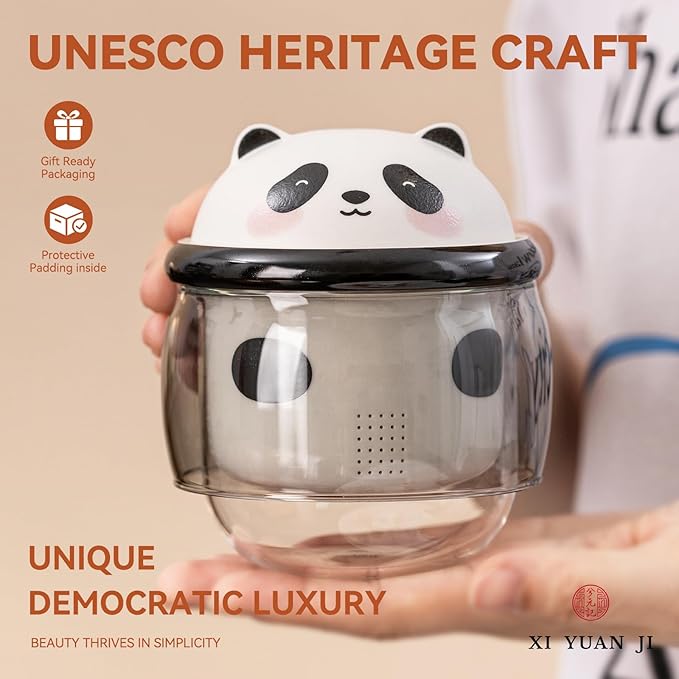 Tea Cup with Infuser and Lid 10oz - Panda Double-Wall Glass Mug with Ceramic Components, Cute Animal Design Loose Leaf Tea Gift for Birthday & Anniversary