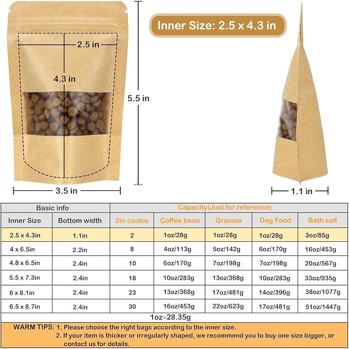 50 Pack Kraft Resealable Bags with Window for Storage (2.5 x 4.3 Inches) | Brown Zipper-Lock Heat Sealable Stand Up Pouch Bags with Matte Window and Tear Notch for Small Business Home Use - Image 2