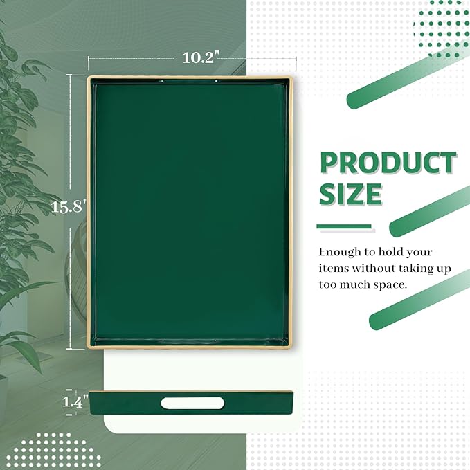 MAONAME Dark Green Decorative Tray for Ottoman, Serving Tray with Handles | Plastic Coffee Table Tray, Modern Melamine Tray, Rectangle Countertop Organizer Tray for Living Room, 15.8"L x 10.2"W x 1.4"H - Image 2
