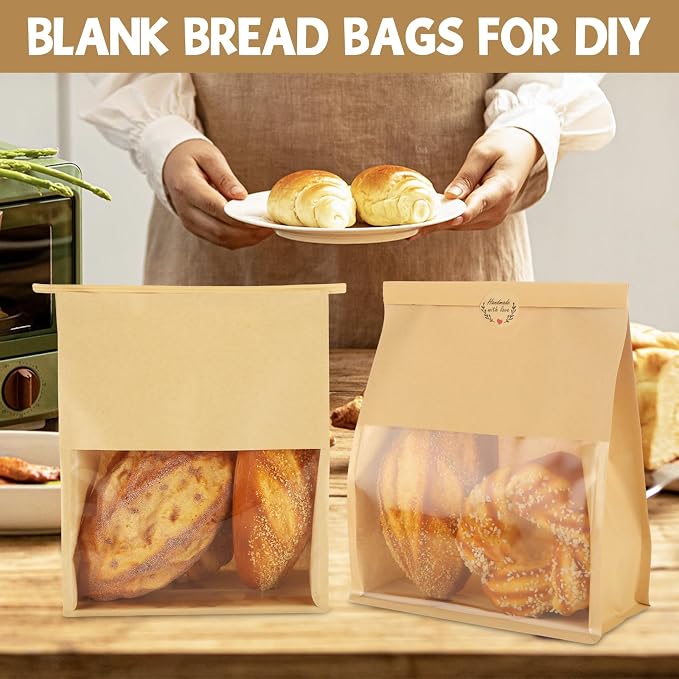 QTLCOHD 100 Pcs Bakery Bags with Window - 8.2 x 3.9 x 9.4 Inch Tin Tie Tab Lock Sourdough Paper Bread Bags for Homemade Bread, Cookie, Pastry, Treat Packaging, Brown - Image 4