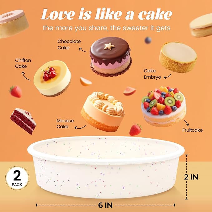 SJ 6 Inch Silicone Round Cake Pan with Metal Reinforced Frame Set of 2, Nonstick Silicone Cake Mold for Baking Suitable for Making Layers, Cheese & Chocolate Cakes