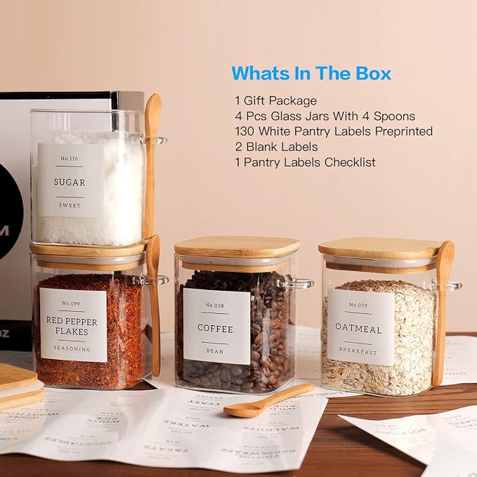 CZZGSM Set of 4 Square Glass Jar with Bamboo Lids and Spoons – Airtight 27 oz Borosilicate Glass Food Storage Contaienrs with 132 Kitchen Pantry Labels for Coffee, Tea, Sugar - Image 2