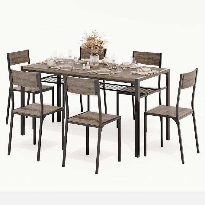 Gizoon 7-Piece Dining Table Set for 6, Kitchen Table with Chairs Grey | Spacious grey 6-person dining set with under-table storage rack. Ergonomic chairs slide under table to maximize space. by Gizoon