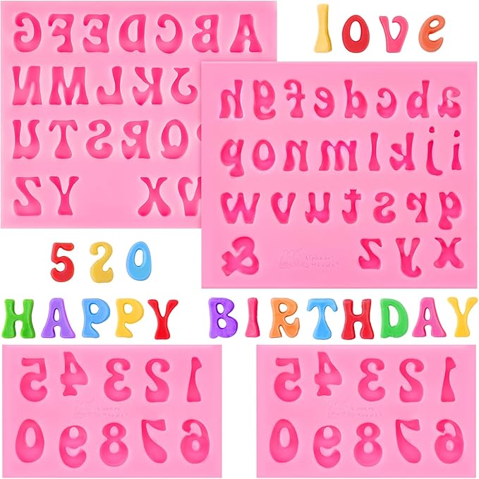4 Pcs Silicone Letter Molds for Chocolate, 0-9 Number and 26 Alphabet Letter Molds Fondant Mold for Edible Cake Dessert Decorating