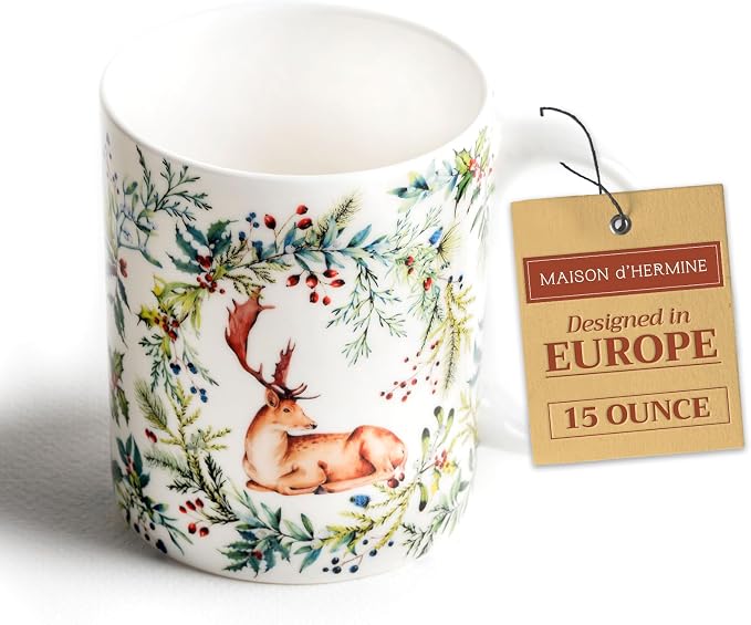 Maison d' Hermine Coffee Mug with Handles Tea Cups (15 Ounce, Pack of 1) | Fine Bone China Coffee Mugs for Hot Beverages Cappuccino Latte Home Restaurant Hotel Spring Summer -Holly Time - Cerf by MaisondHermine
