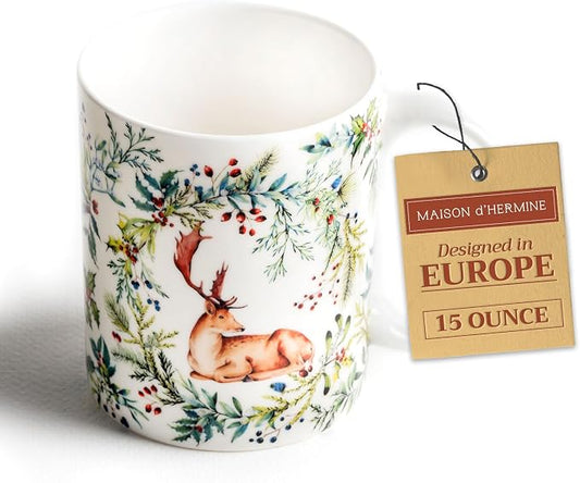 Maison d' Hermine Coffee Mug with Handles Tea Cups (15 Ounce, Pack of 1) | Fine Bone China Coffee Mugs for Hot Beverages Cappuccino Latte Home Restaurant Hotel Spring Summer -Holly Time - Cerf by MaisondHermine