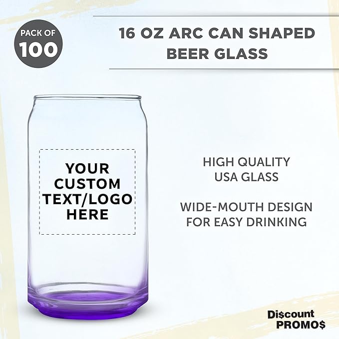 Custom Beer Can Glasses Set of 100, 16 oz. Pint Sized, Promotional Text, Logo, Soda Can Shape, Glassware, Purple