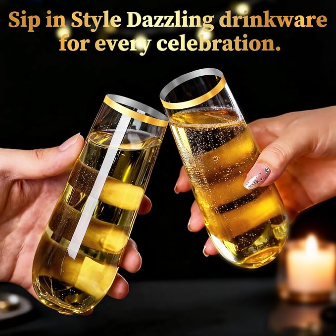 48 Pack Gold Rim Stemless Champagne Flutes, 9 oz Clear Disposable Plastic Glasses, Heavy Duty Shatterproof Recyclable Mimosa Glasses for Party Wine Tasting Wedding New Years Eve Party Supplies - Image 6