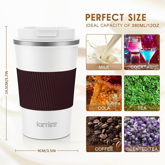 KETIEE Travel Coffee Mug 12oz: Reusable Insulated Coffee Cup with Leakproof Lid, Travel Tumbler, Vacuum Stainless Steel Coffee Mug to Go for Hot/Iced Coffee Tea Water (White) - Image 2