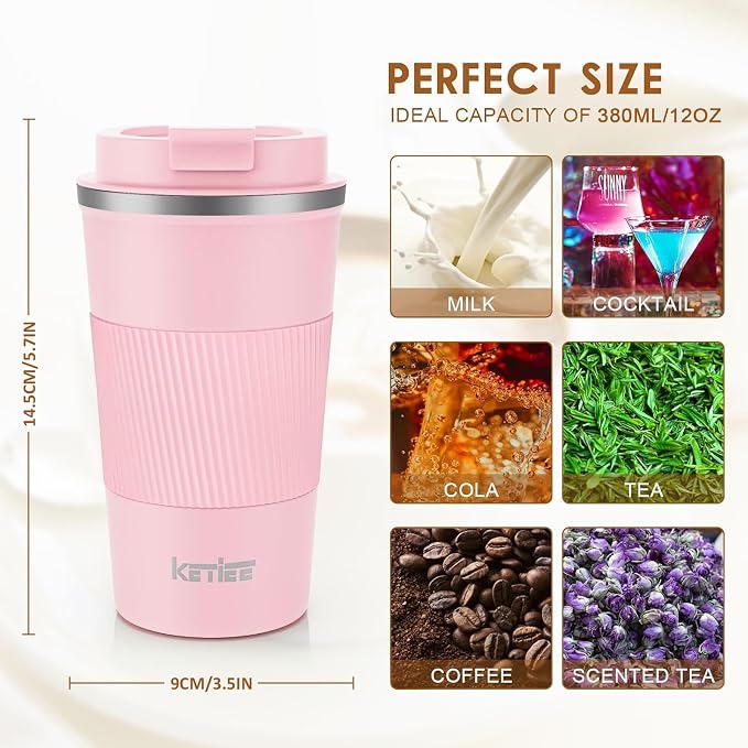 KETIEE 12oz Travel Mug, Insulated Coffee Cup with Leakproof Lid, Travel Coffee Mug Vacuum Stainless Steel Double Walled Reusable Car Tumbler for Hot and Cold Water Tea（Pink） - Image 2