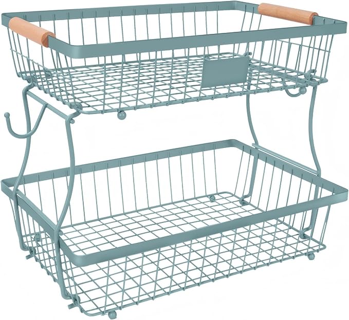 Fruit Basket Bowl 2 Tier Detachable with 2 Banana Hangers, Fruit Stand Holder for Kitchen Countertop, Metal Wire Vegetable Storage Organizer, for Bread Snack Veggies Produce, blue by Lawhood-Mijin