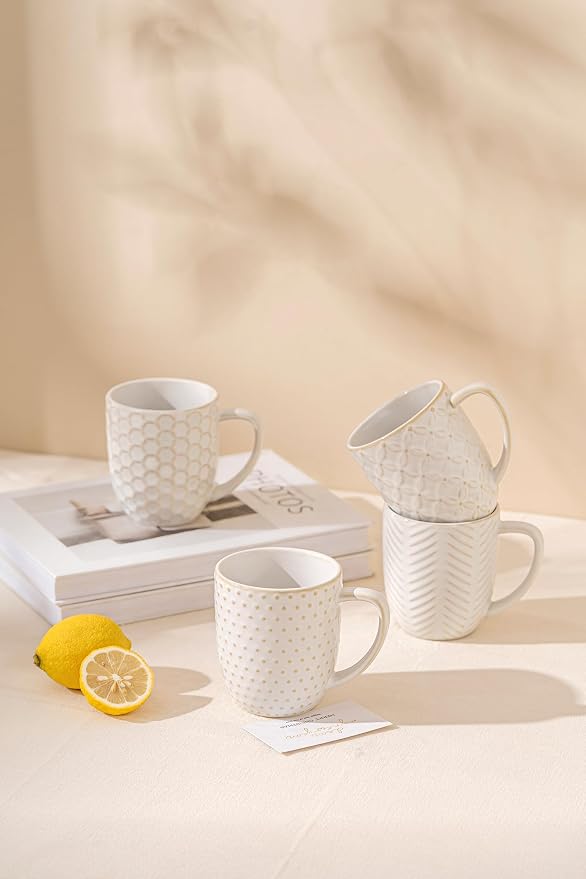 FOBENTA Ceramic Coffee Mugs Set of 4, 12oz Embossed Cups with Elegant Patterns – A Thoughtful Gift for Women, Mom, or Friends,Perfect for Tea, Latte, Cocoa (Arctic White, 12 OZ) - Image 7