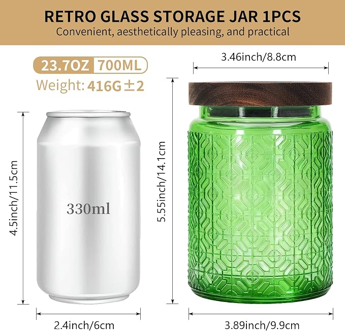 1Pc 24oz Window Style Vintage Glass Candy Jar with Solid Wood Lid, Kitchen Storage Canister for Sugar, Coffee, Tea, Cookies, Bath Salt - Decorative Mason Jar (1, Green, 24oz) - Image 2