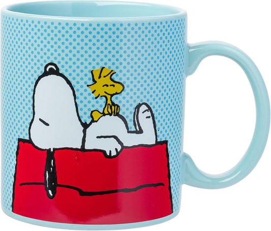 Silver Buffalo Peanuts Snoopy and Woodstock on House, Ceramic Mug, 20oz | Blue Dot Background, Coffee Cup, 0.59 Liters by SilverBuffalo