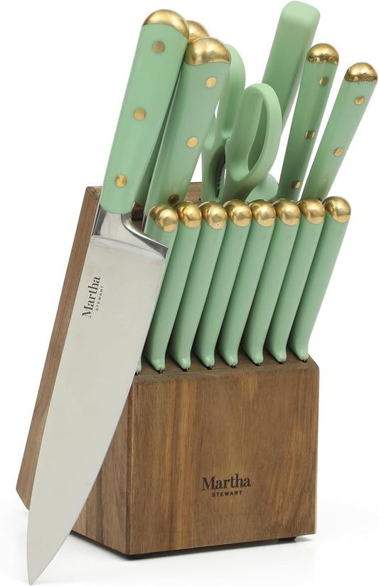 Martha Stewart 16-Piece Lockton High Carbon Stainless Steel Knife Block Set - Forged Full Tang Chef Knives, Acacia Wood Block, Triple Riveted Handles, Sage Green & Gold by MarthaStewart