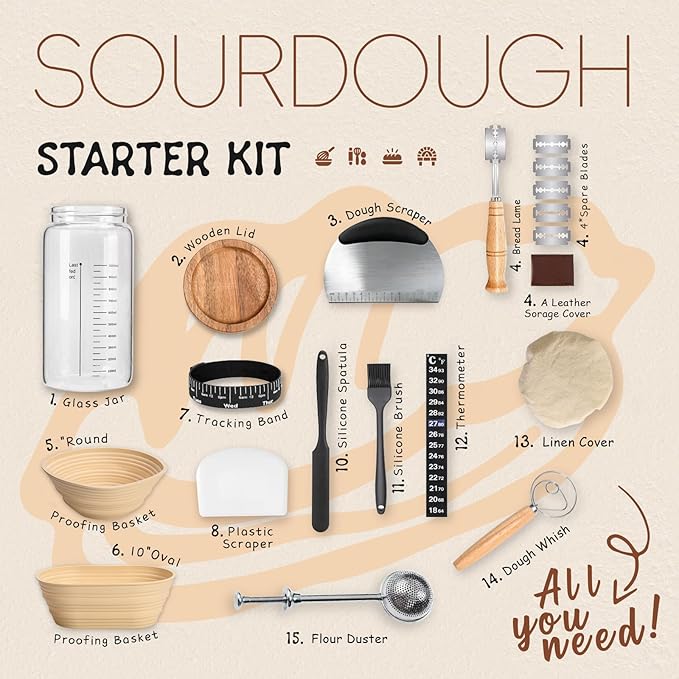 Sourdough Kit, 40oz Sourdough Starter Kit, 2 Silicone Banneton 9 Bread Proofing Baskets,Complete Sourdough Bread Baking Supplies for Beginners,sourdough bread baking supplies