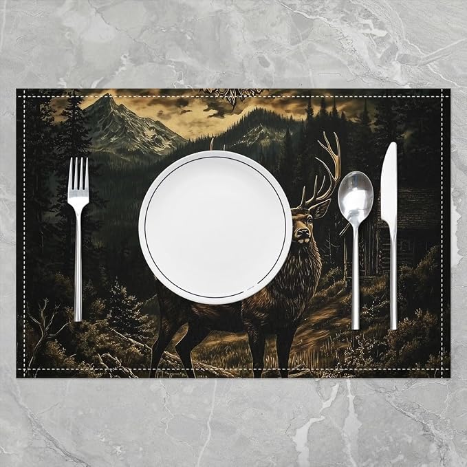 Feelyou Hunting Deer Placemats Set of 4 Rustic Cabin Table Mats for Party Kitchen Dining Decoration Deer Western Place Mat for Table Holiday Decor Indoor Outdoor 18"x12" Non-Slip Easy to Clean - Image 2