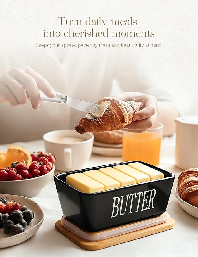 Ceramic Butter Dish with Lid and Knife & Silicone Seal for Countertop Black | Suitable Capacity, Great Sealing, Home Decor Kitchen Gift Housewarming Gift - Image 5