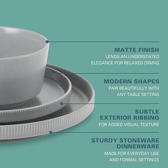 Gibson Home Dempsey Road 12-Piece Stoneware Dinnerware Set – Service for 4, Round Grey Plates and Bowls, Durable Solid Color Modern Embossed Dish Set, Microwave & Dishwasher Safe - Image 3
