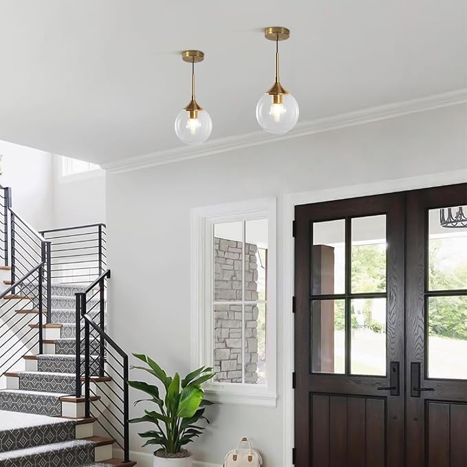 KCO Lighting Brushed Gold Kitchen Pendant Light 7” Modern Clear Glass Globe Pendant Light Brass Dining Room Light Fixture Mid Century Entryway Hanging Light Fixture (2 Pack) - Image 7